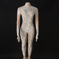 silver rhinestones gloves jumpsuit transparent mesh stones bodysuit pants birthday celebrate outfit evening sexy dance costumes