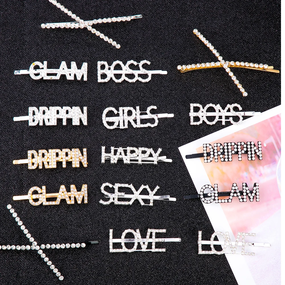 1Pc Shining Letter Hairpins Crystal Shiny Rhinestones Letters Hair Clips Women Styling Tool Hairgrip Jewelry Hair Accessories