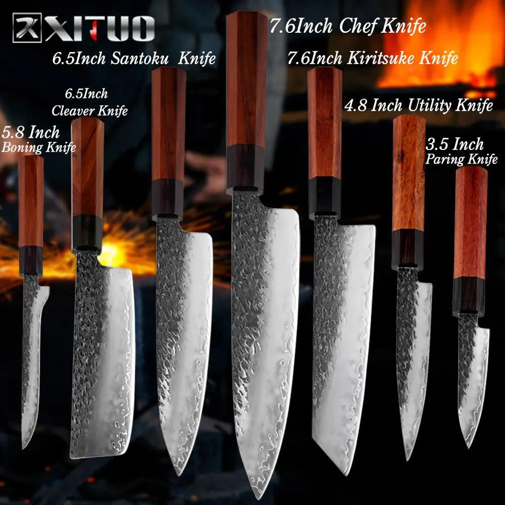 7 PCS Set XITUO три-слой композита Сталь шеф-повара Ножи ручной ковки китайский нож Острый кухонный топорик Santoku кирицукэ утилита Пособия по кулинарии инструменты - Цвет: 7 PCS Set