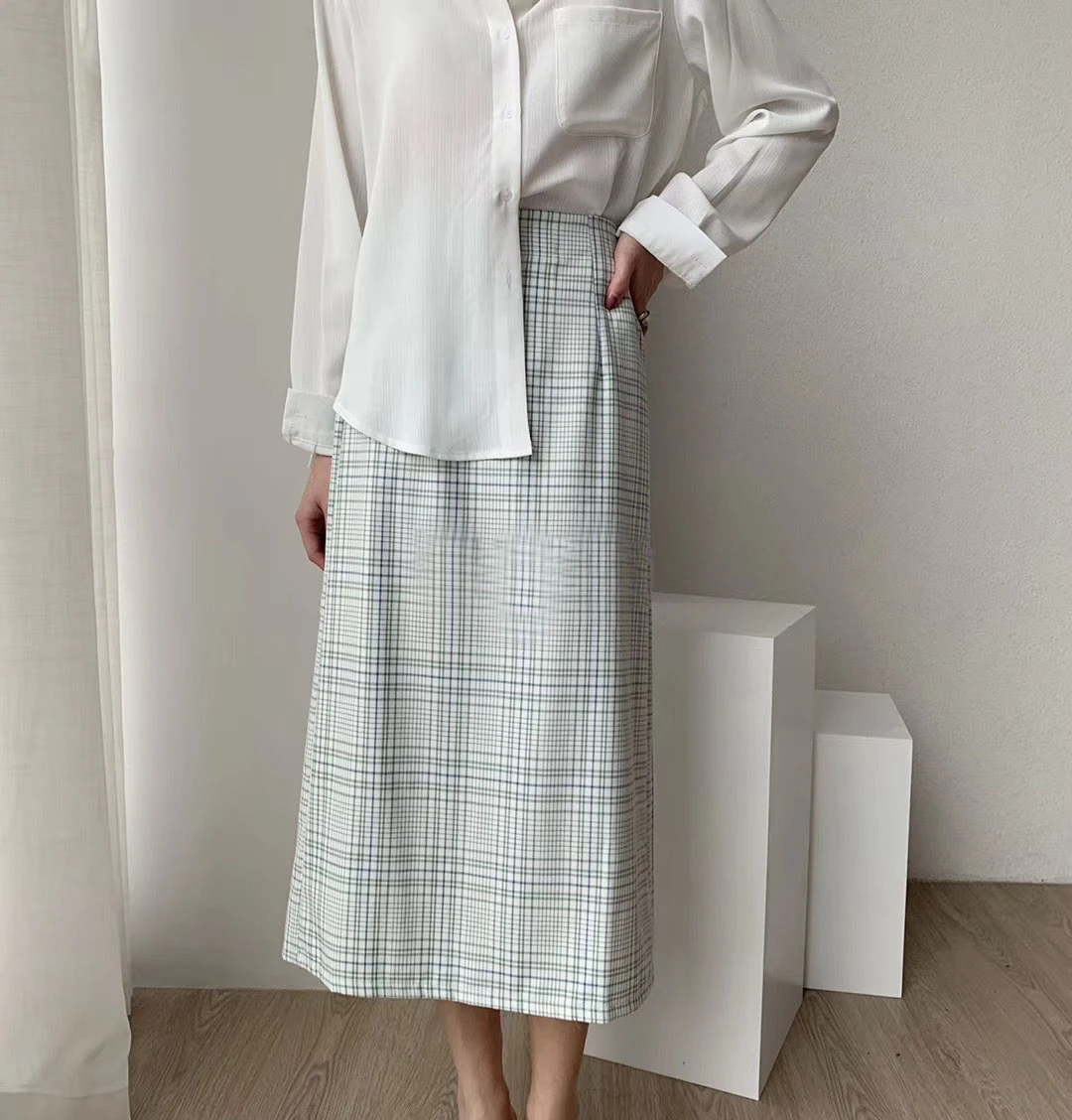 Женская винтажная юбка в клетку офисная средней длины с высокой талией корейская