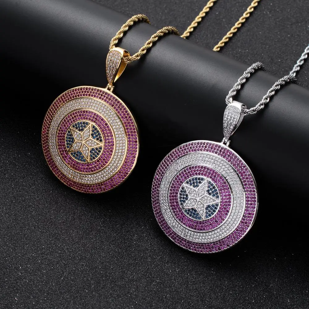 

Ожерелье и кулон в стиле хип-хоп для мужчин и женщин, украшение со сверкающими кристаллами Капитана Америка, кубический циркон цвета золото,...