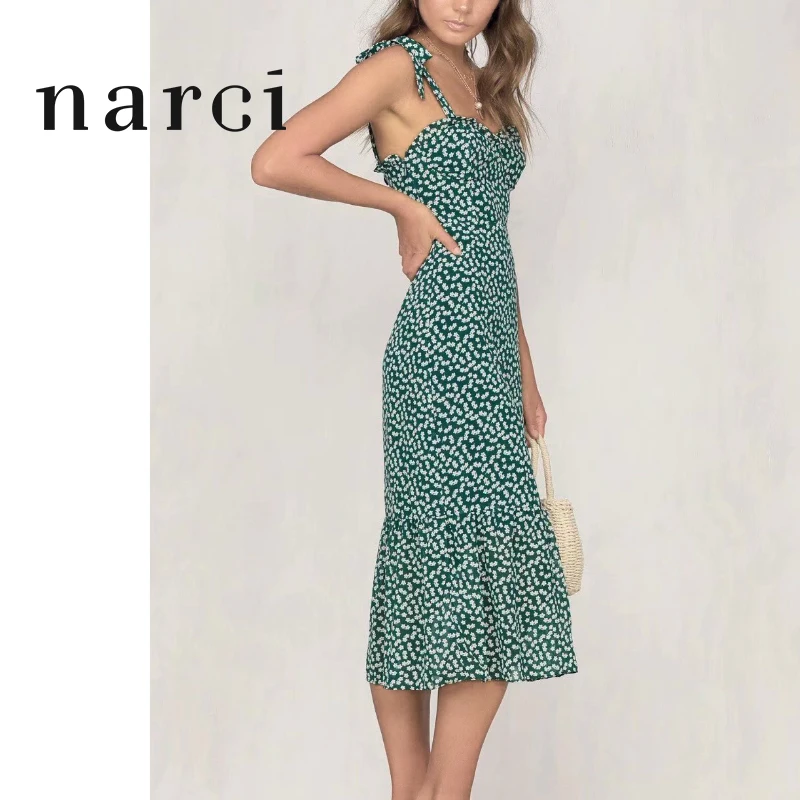 Женский сарафан с зеленым цветочным принтом narci модный Шифоновый Сарафан на