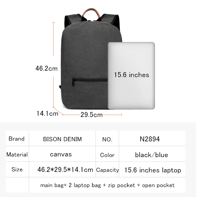 

BISON DENIM Schoolbag 15.6 Inch Laptop Canvas Backpack Anti Theft USB Waterproof Backpack For Men Women Travel Bag Mochila N2894