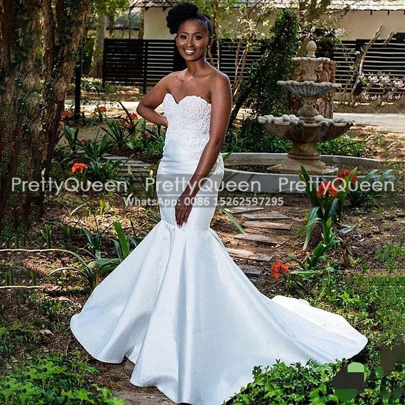 

Женское атласное платье-русалка, белое платье без бретелек с аппликацией и шлейфом, свадебное платье