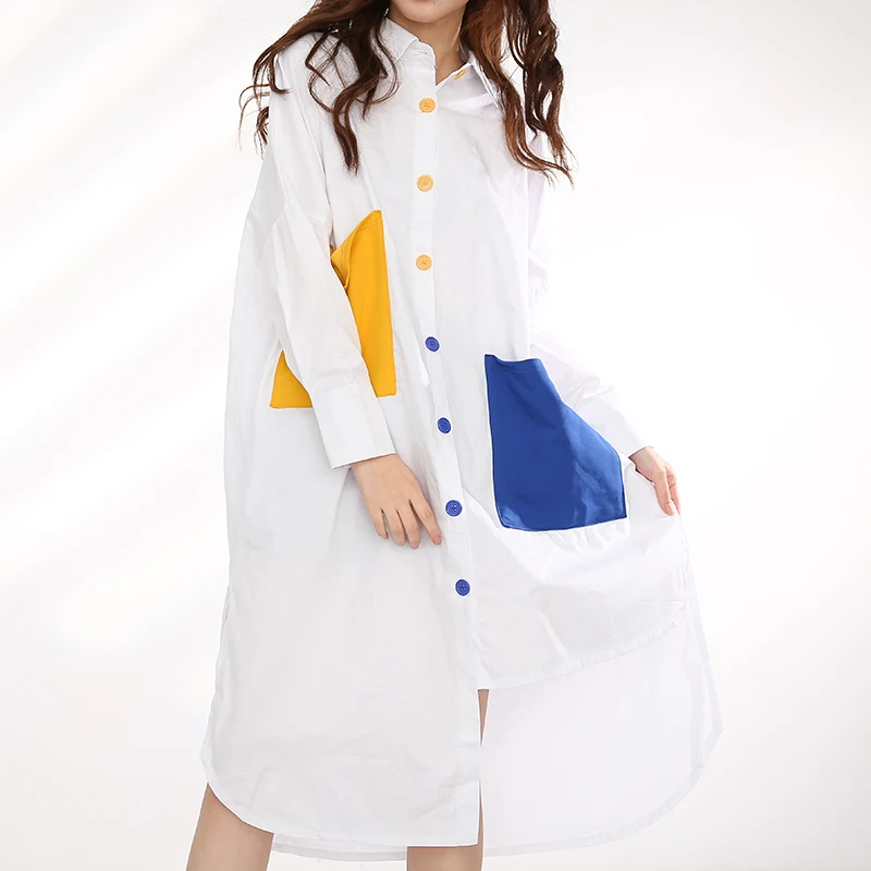 

[EAM] Women Contrast Pocket Asymmetrical Big Size Long Blouse New Lapel Long Sleeve Loose Shirt Fashion Spring Autumn 2021 T0460