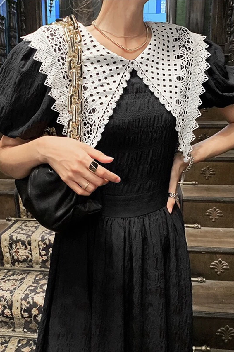 

Korejpaa Women Dress 2021 Summer Korean Chic Ladies French Retro Lace Crochet Large Lapel Pleated Lace Waist Puff Sleeve Vestido