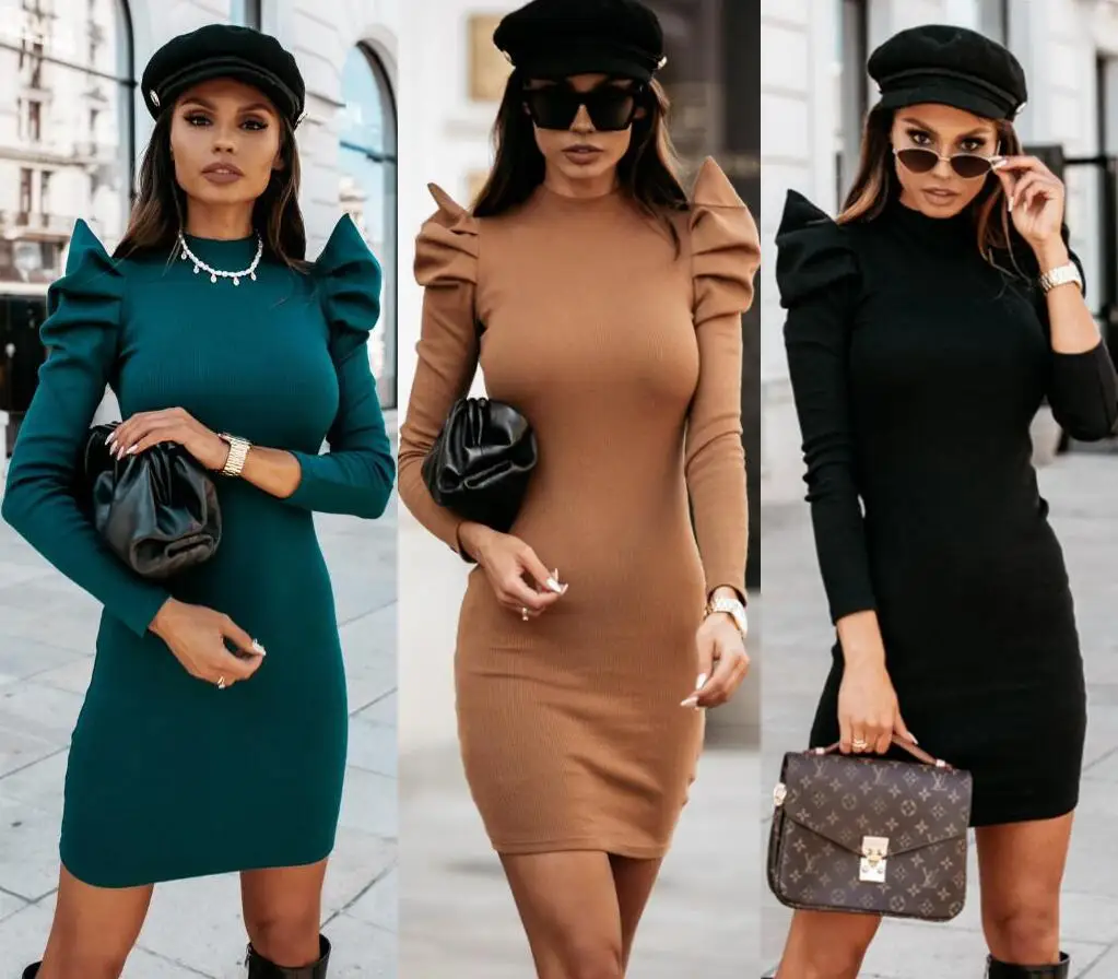 

2022 Fashion New Solid Color Sheath Knitted Sweater Bubble Sleeve Women Dress