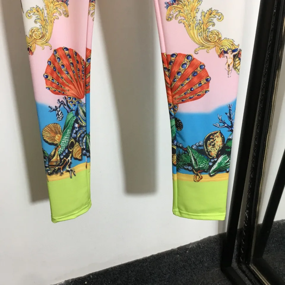 109801 Spring Summer Women High Quality Luxury Fashion Classic Shell Starfish Fashion Print Pants High Waist Slim Leggings V2
