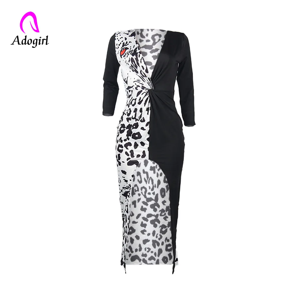 

Adogirl Elegant Leopard Patchwork Slit Dress Women's Long Sleeve Deep V Neck Dress Sheer Night Club Party Bodycon Dress Outfits