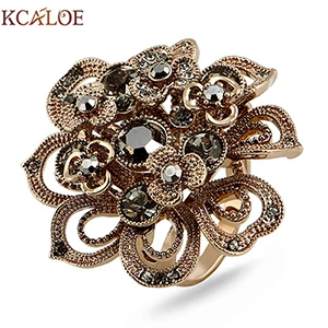 gray Titanium Gold KCALOE античные титановые золотые кольца с большими цветами для женщин, роскошные коричневые хрустальные стразы, Женские аксессуары, обручальные кольца - Цвет основного камня: gray Titanium Gold