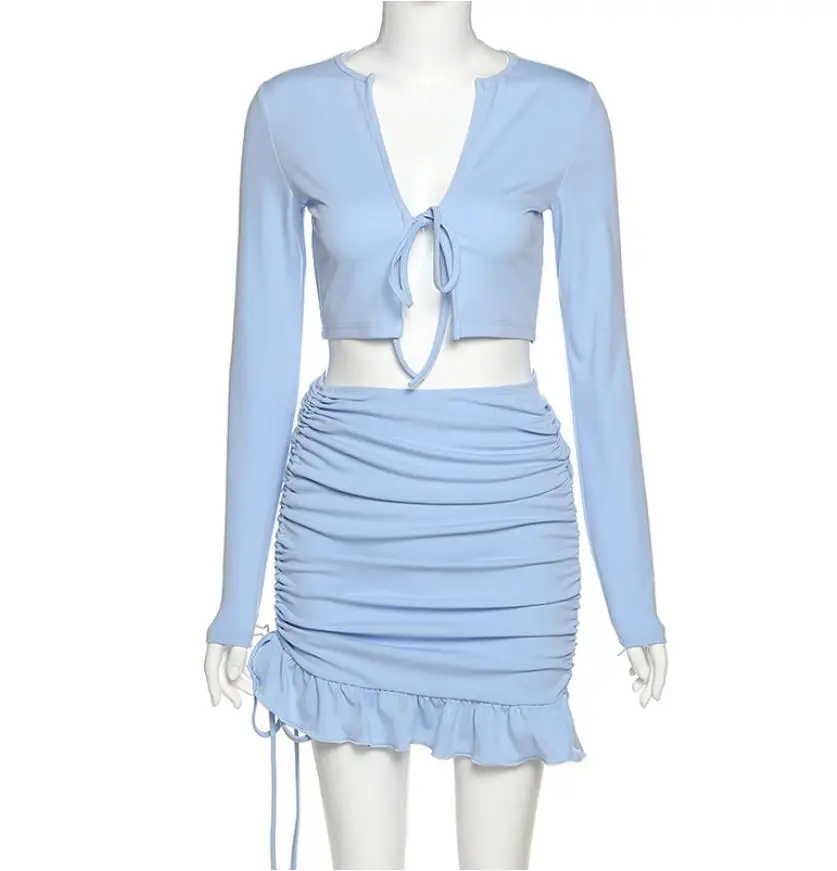

2021 New Fashion Women Skirts Set Sexy Long Sleeve V-neck Crop Top +Mini Skirt Ladies Stylish Bodycon Set Party Club Clothes Set