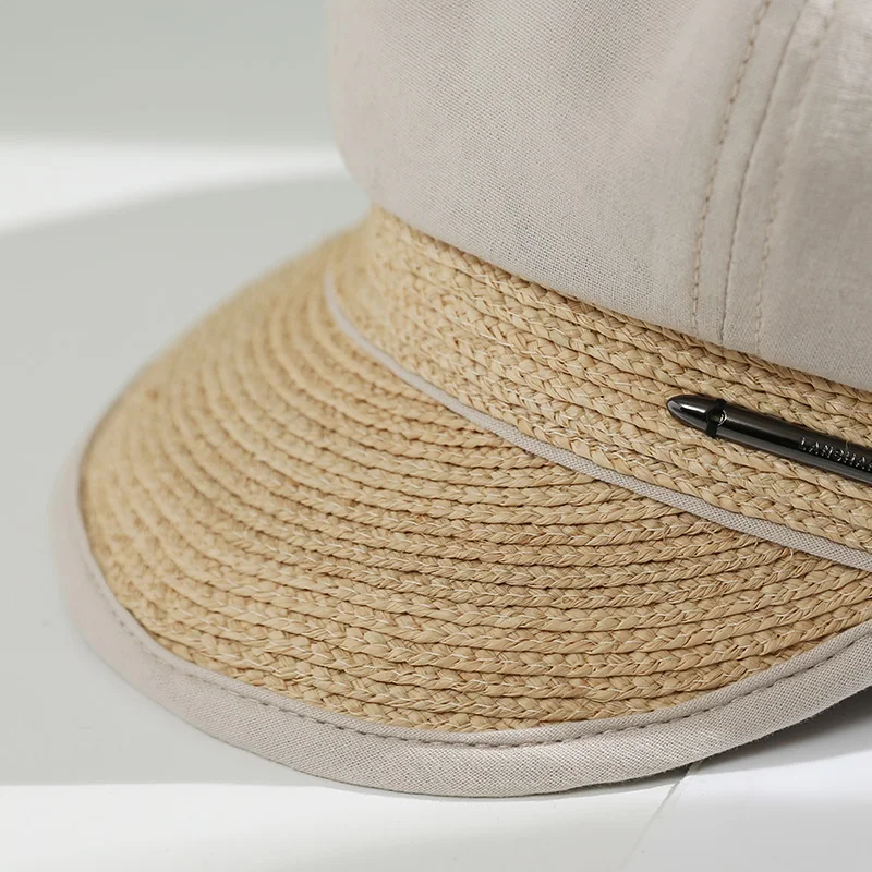 

[PTAH] Summer Women Berets Hat Straw Cloth Beach Cap Breathable Comfortable Foldable Windproof Belt Visors Sun Protection Female