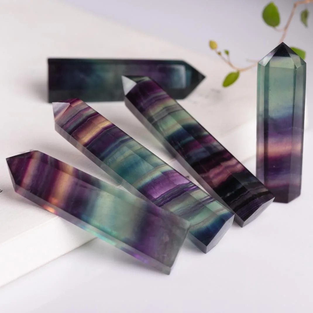 

Natural Fluorite Crystal Colorful Striped Fluorite Quartz Crystal Stone Point Healing Hexagonal Wand Treatment Stone