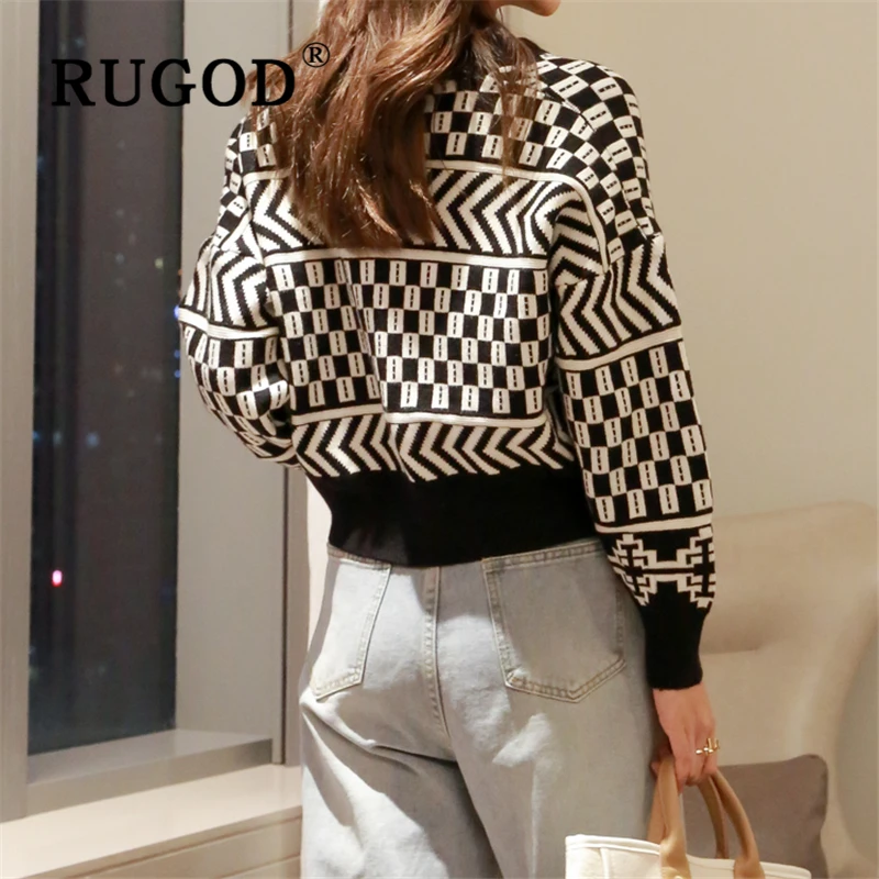 RUGOD Korean ins patchwork cardigan sweater women Fashion single-breasted auturm plaid knitted caridgan female Vintage slim coat |