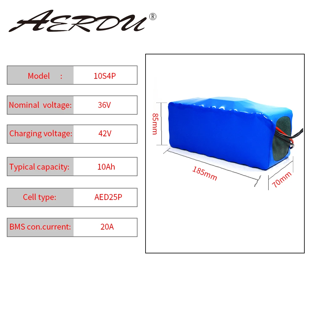 AERDU е-байка 36В 10Ah 10S4P 600 Вт 18650 литий-ионная аккумуляторная батарея для зарядки