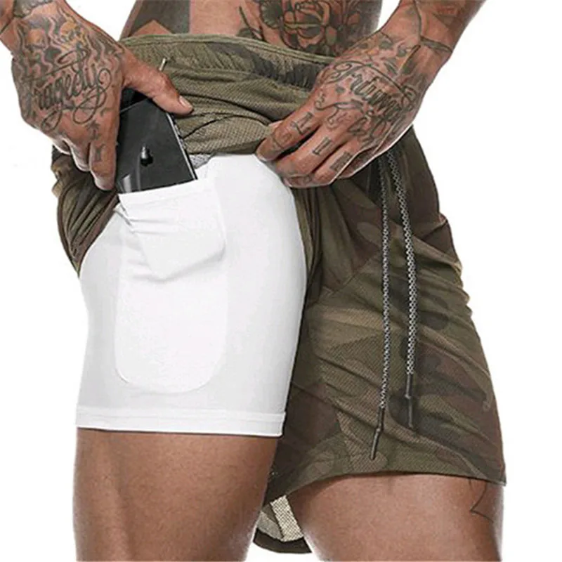 

Мужские шорты для бега 2 в 1, уличные шорты со скрытыми карманами, быстросохнущие спортивные шорты с карманами на молнии