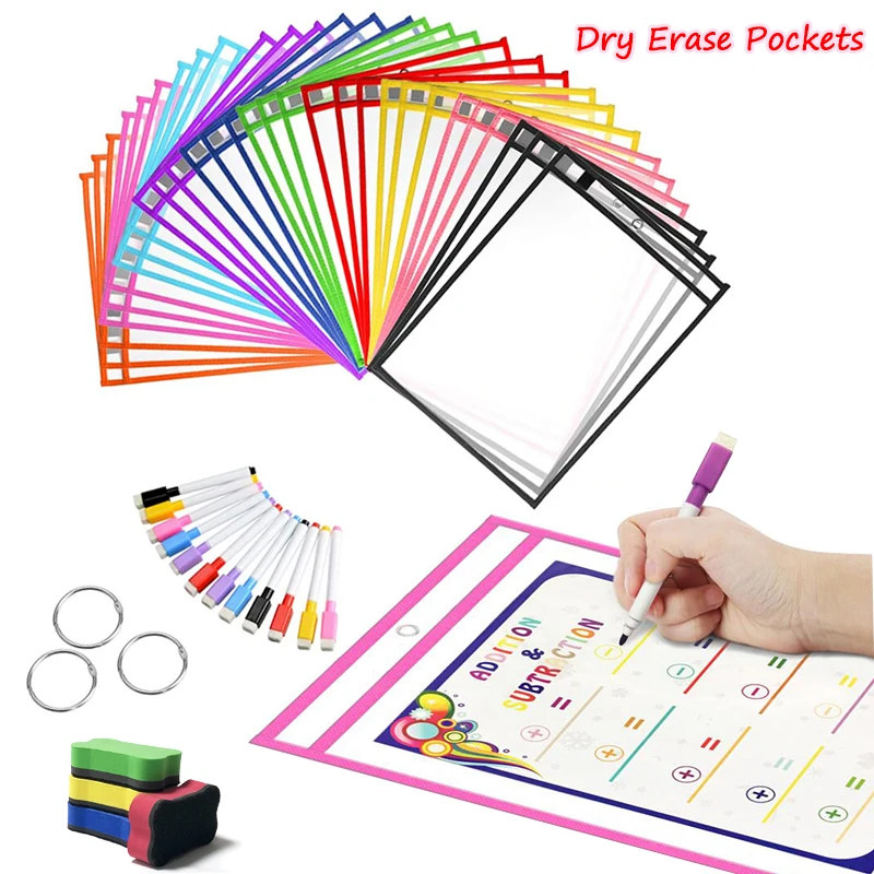 Reusable PP File Dry Erase Pockets With Pen Transparent Write And Wipe Drawing Whiteboard Markers Used for Teaching Supplies