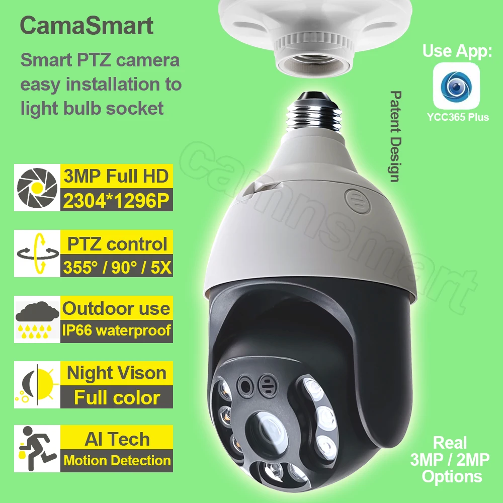 Dropship 3MP E27 Bulb Lamp Camera Wifi PTZ Waterproof 4X Digital Zoom Easy Install Indoor Outdoor Home Security Ycc365plus