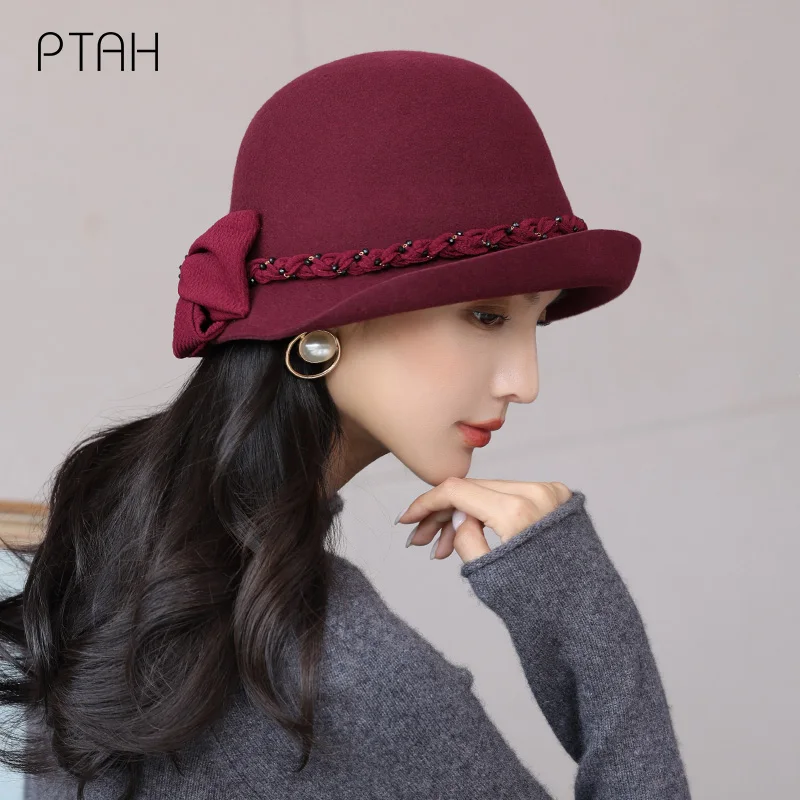 

[PTAH] Woolen Fedoras Hats For Women Temperament Church Elegant Hats Big Bow 2021 Autumn Winter Caps Ladies 100% Australian Wool
