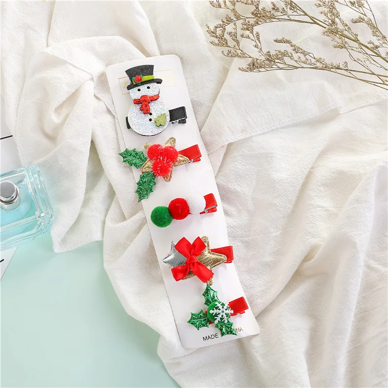 5pcs New Girls Christmas Hair Clips Lovely Santa Reindeer Bow Barrettes Headwear Kids Xmas Gifts Hair Accessories