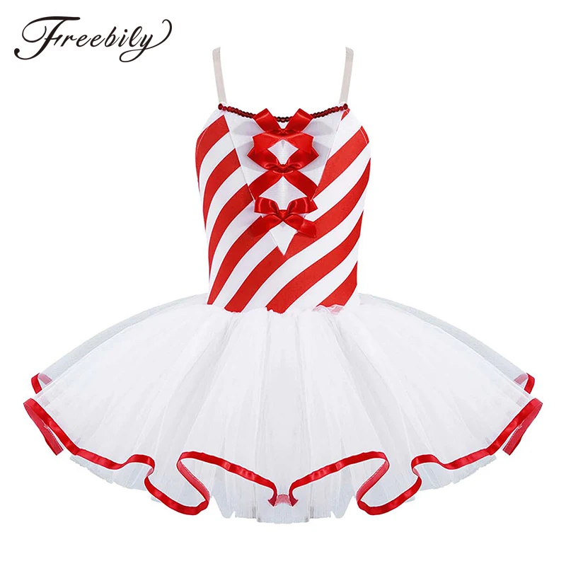 

Kids Girls Christmas Dance Costume Sleeveless Striped Figure Ice Skating Dresses Gymnastics Leotard Dress Tutu Ballet Dance Wear