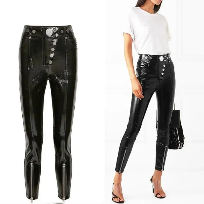 New tide Punk style high waist shiny PU trousers tight-fitting patent leather button zipper Women pencil pants