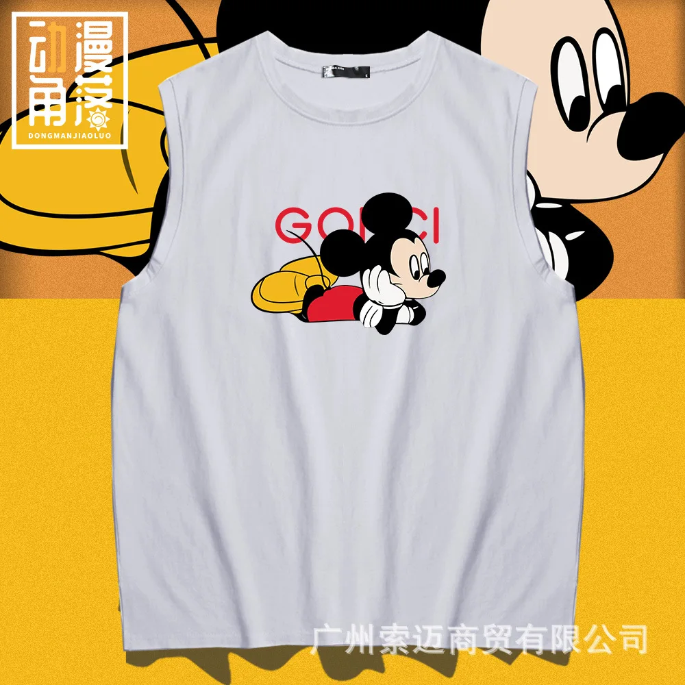 

2022 Disney Mickey Mouse Sleeveless Sports Vest Men and Women Wide Shoulder Loose Large Size Round Neck Bottoming Shirt Cartoon