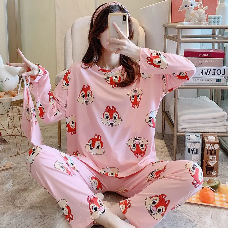 Pajamas for Women's Autumn and Winter New Long-sleeved Trousers Two-piece Korean Cartoon Cute Home Service Can Be Worn Outside