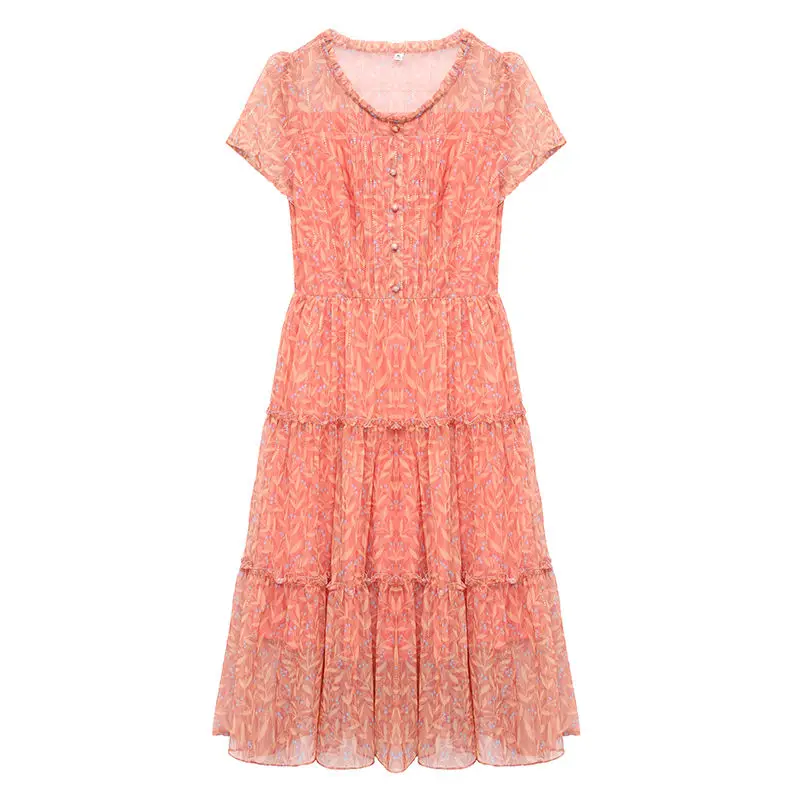 

Women's Vacation Beach Dress Female Clothing Fashion Short Sleeve High Waist Floral Mesh Plus Size Summer Dresses Casual Y908