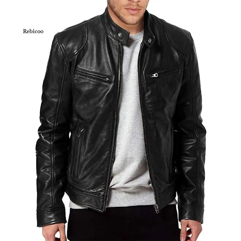 

Mens Fashion Leather Jacket Slim Fit Stand Collar PU Jacket Male Anti-wind Motorcycle Lapel Diagonal Zipper Jackets Men 5XL