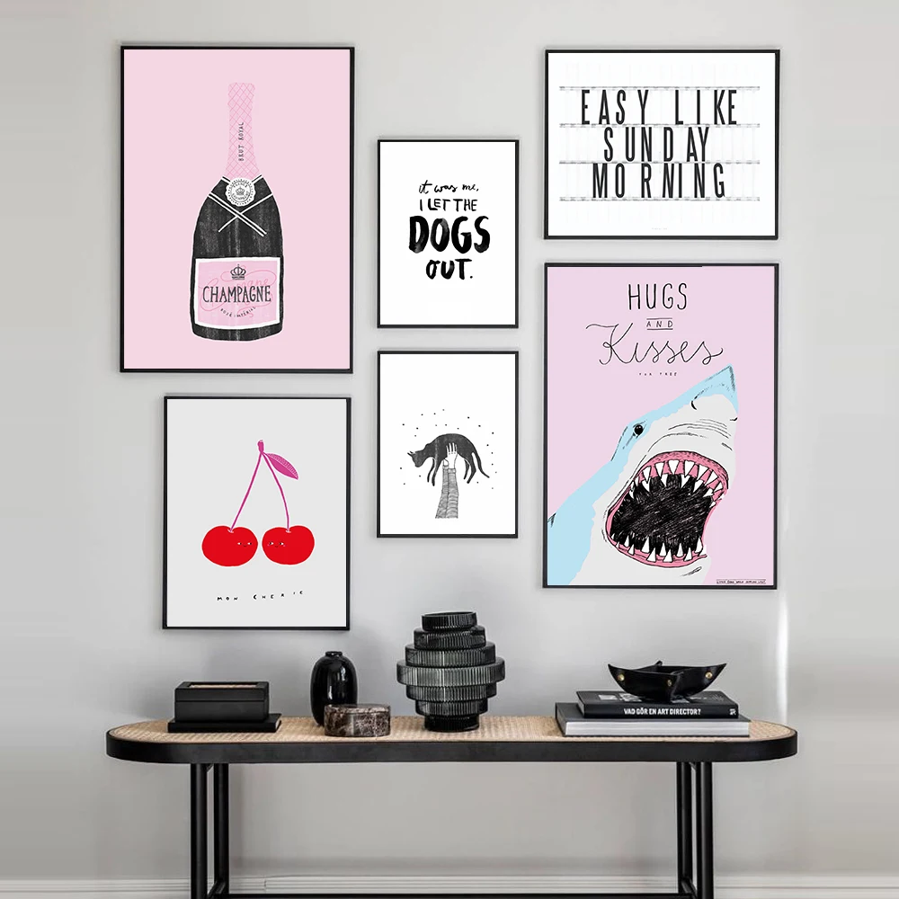 

Wall Art Canvas Painting Home Decor Pink Shark Hugs and Kisses Pictures Nordic Champagne Sunday Morning Poster For Living Room