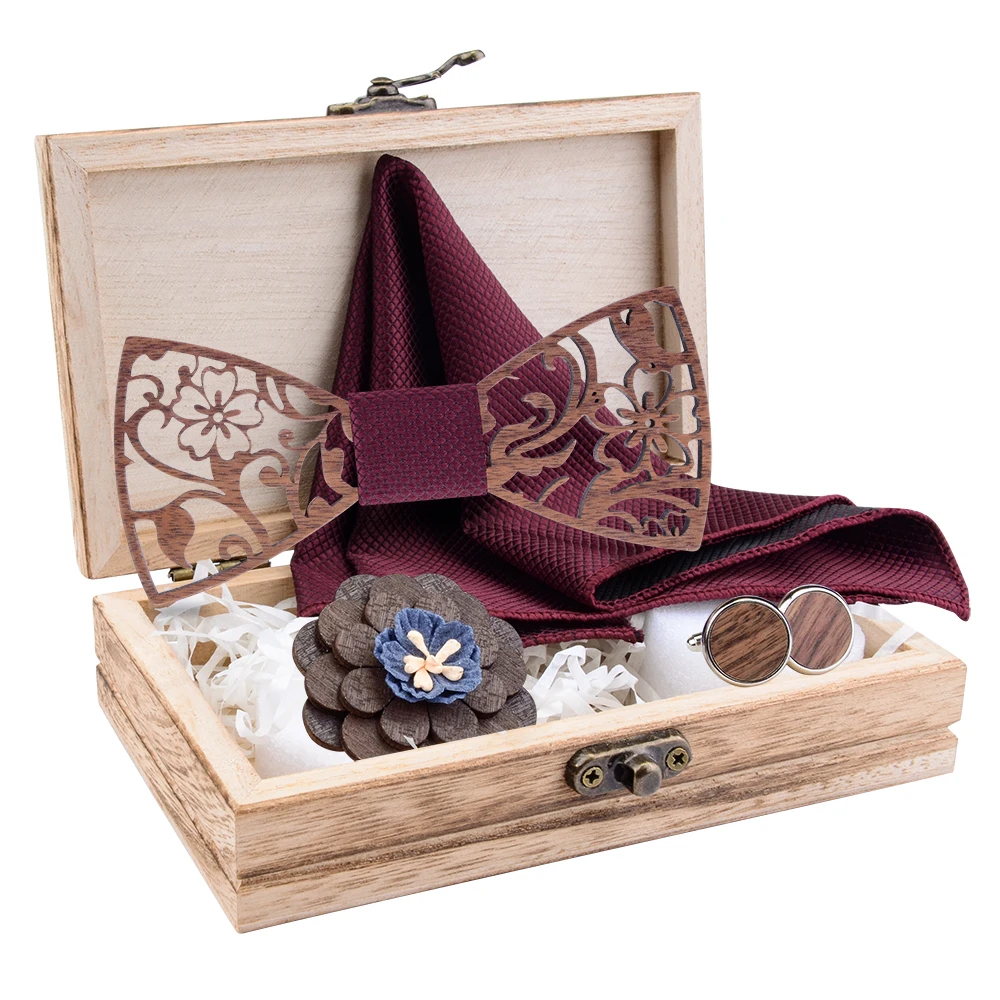 Модный деревянный тонкий гравировальный галстук бабочка Цветочный пустотелый