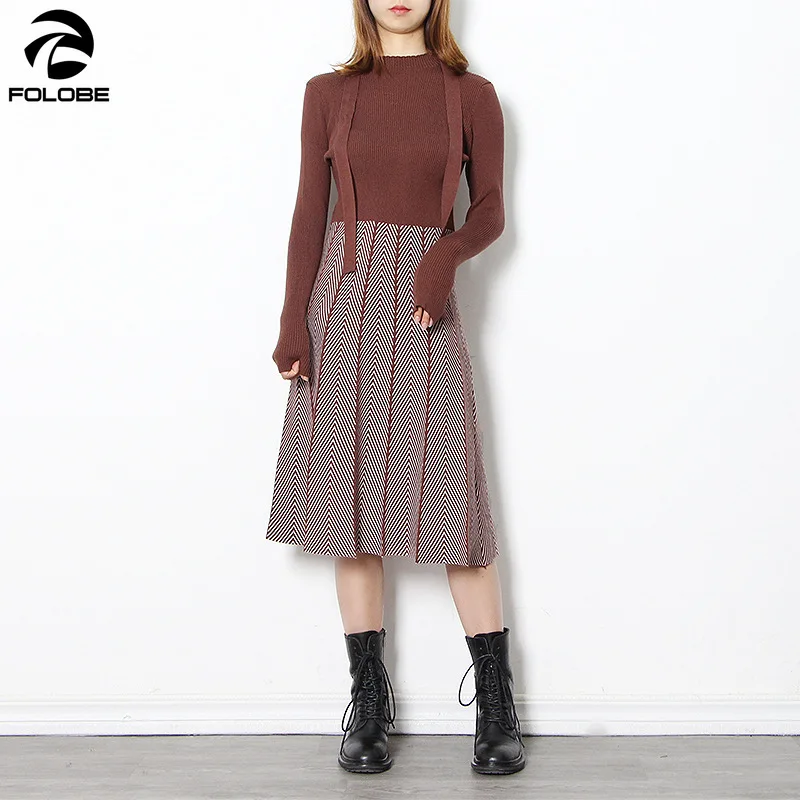 

FOLOBE 2021 Новое модное женское трикотажное плиссированное платье осень зима длинный рукав толстый свитер лоскутное платье повседневное плать...