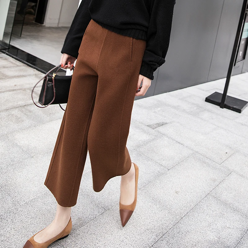 

Женские длинные шерстяные брюки до щиколотки, повседневные Прямые брюки с высокой эластичной талией и широкими штанинами, Осень-зима 2021