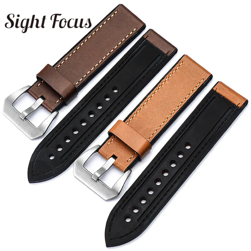 

20 22 24 26mm Italian Smooth Leather Silicone Rubber Lining Watch Strap for Pam Band Men Brushed Tang Buckle Dive Watch Belt Men