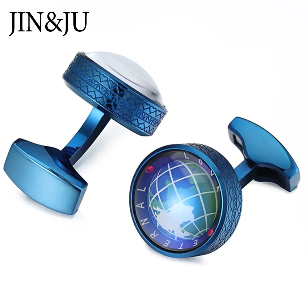 

JIN&JU Round Wedding Cufflinks For Men Blue Color Luxury Quality Earth Globe Cuff Buttons Guest Fashion Jewelry Relojes Gemelos