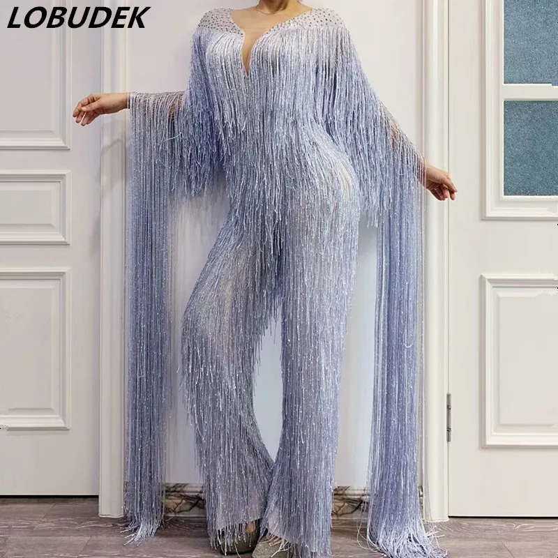 

Fashion Silver Gray Fringe Sleeve Mesh Long Tassel Crystal Jumpsuit Stage Wear Birthday Celebrate Evening DS Jumpsuits 2020 New