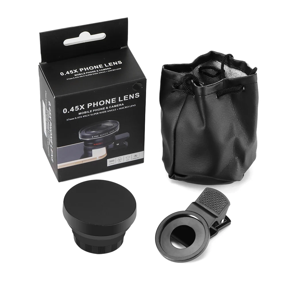 

Universal Clip-on Cell Phone Camera Lens 37MM 0.45X 49UV Super Wide Angle+12.5X Macro Lens 2 in1 Professional HD Camera Lens Kit