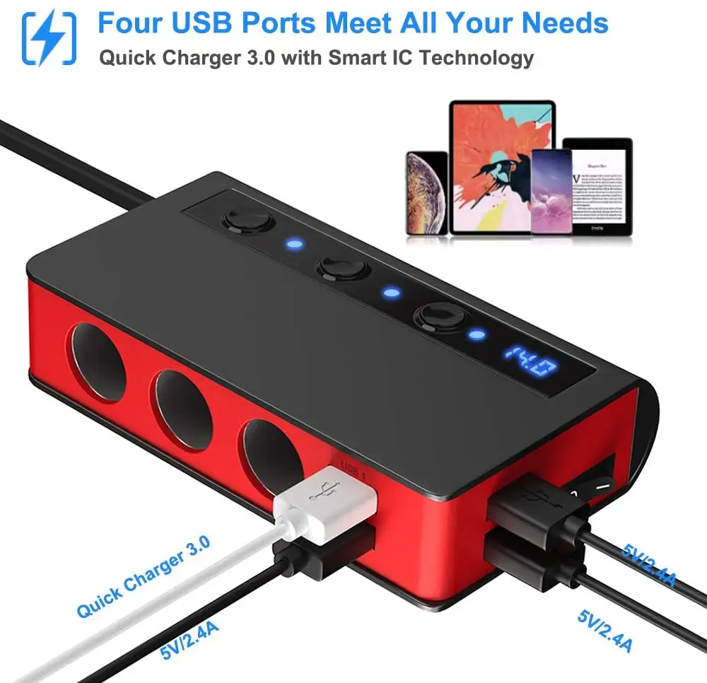 Разветвитель Прикуривателя CDEN с 4 USB портами и светодиодным индикатором|Адаптер