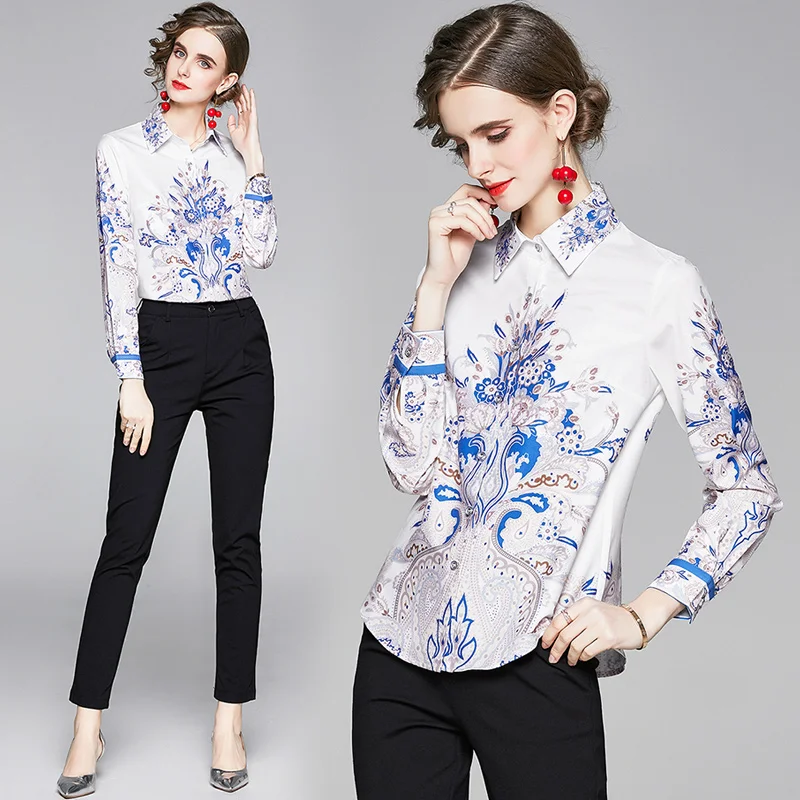 

Print Women's Blouse Loose Polo Girl's Shirt Summer Season Fashion Long Sleeve Top Plus Size Casual Chiffon Lady Blusas Houthion