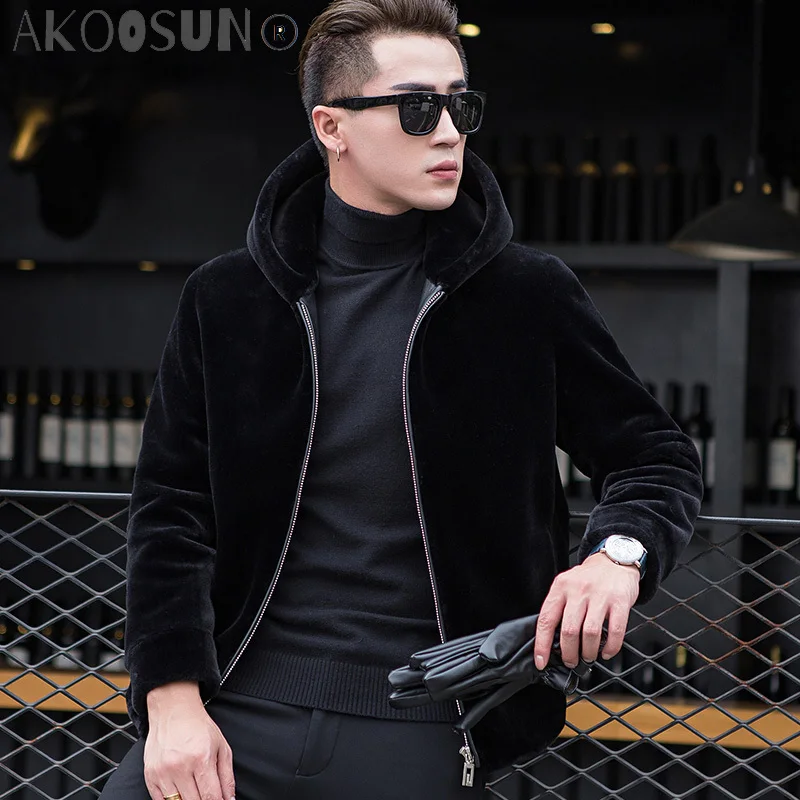 

AKOOSUN Real Fur Coat Autumn Winter Jacket Men Sheep Shearing Wool Coats Plus Size Short Hooded Men's Jackets 1772 KJ832