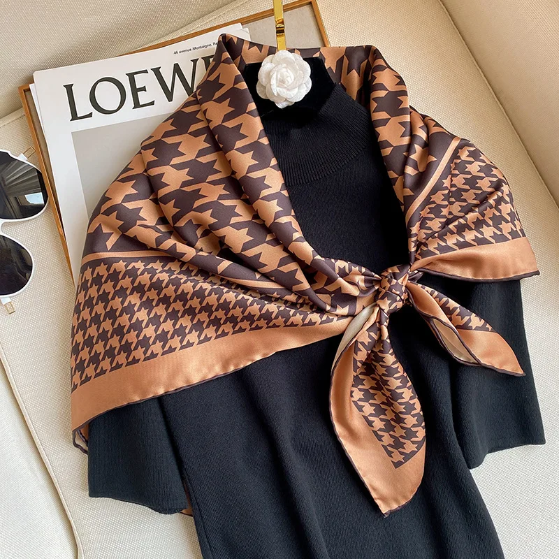 Квадратный шелковый шарф для женщин, шарфы на шею, хиджаб, фуляр, шаль, летние пашмины, клетчатые принты, платки, банданы.