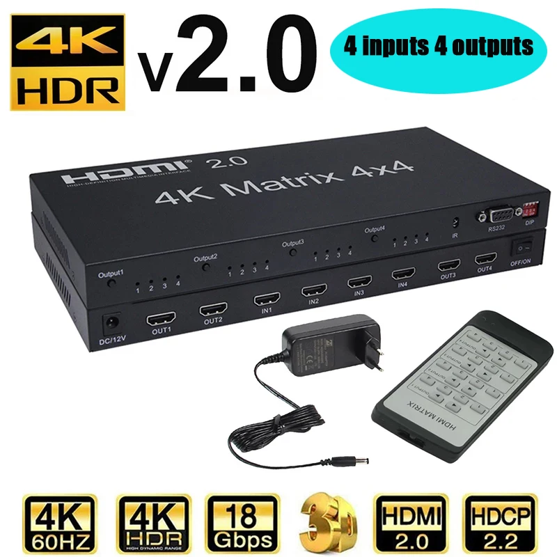 HDMI 2.0 Matrix 4X4 HDMI Matrix 4X4 HDMI Splitter Switcher 4 in 4 out Matrix with RS232&EDID control HDCP 2.2 4KX2K/60HZ HDR