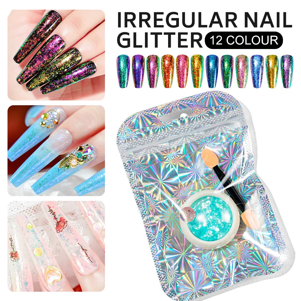 

12Colors Nail Irregular Foil Glitter Mirror Effect Dreamy Mermaid Flashing Glitter Fragile Glitter Holo*Aurora Nail Opalglitter
