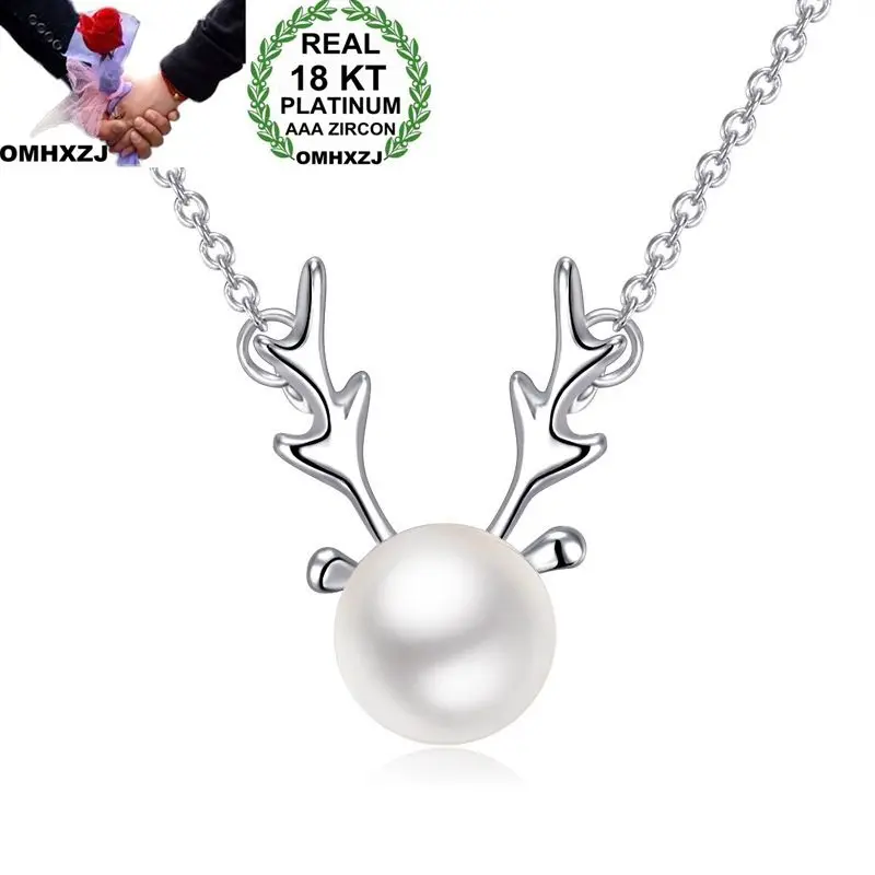

OMHXZJ Wholesale European Fashion Woman Girl Party Wedding Gift Deer Horn Pearl 18KT White Gold Pendant Necklace NA155
