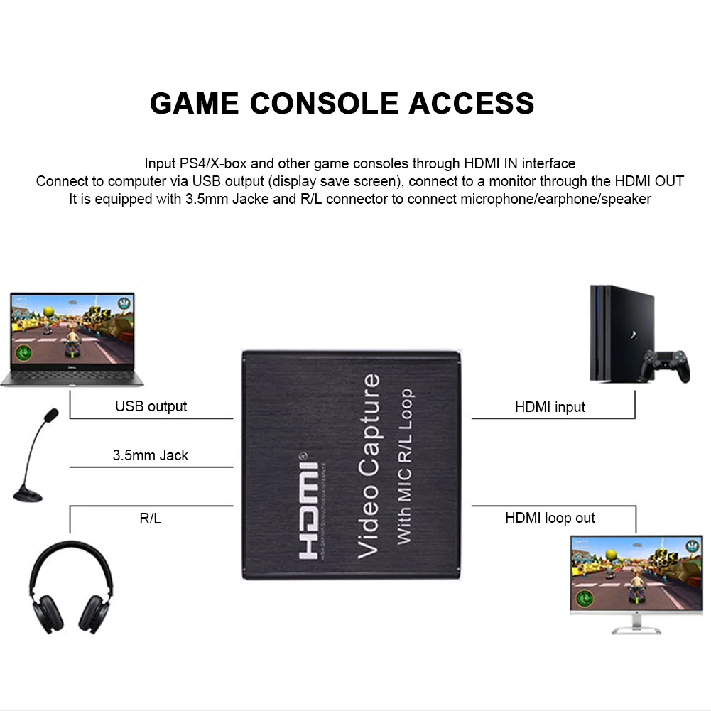 

HDMI-compatible 1080p@30fps Video Capture Disk USB Video Recorder Adapter HD Recording FHD Game Capture Card with Mic R/L Loop