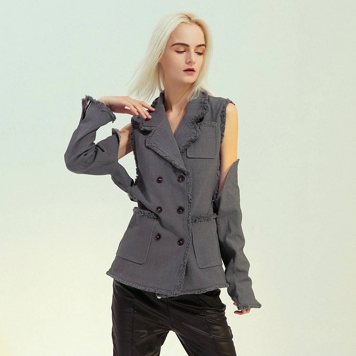 Spring Autumn Women Clothes Frayed Off-the-shoulder Double Breasted Blazers Suit Sleeves and Gray Splice Long Sleeve Jacket Coat