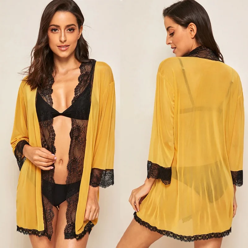 

NEW Mesh Large Size Women's Lace Robe Solid Color Perspective Lace Robe Sexy Women Attractive Home Wearing