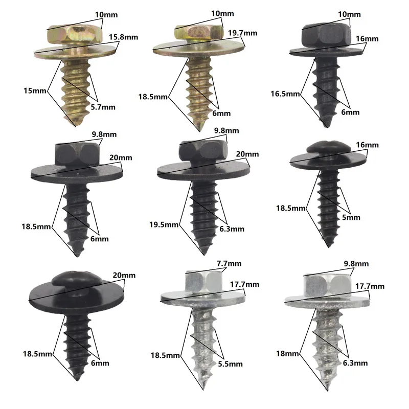 10Pcs Mixed Car Body Fender Screw 5mm 5.5mm 6mm 6.3mm Metal Self Tapping Rivet Fastener Bolt | Автомобили и мотоциклы