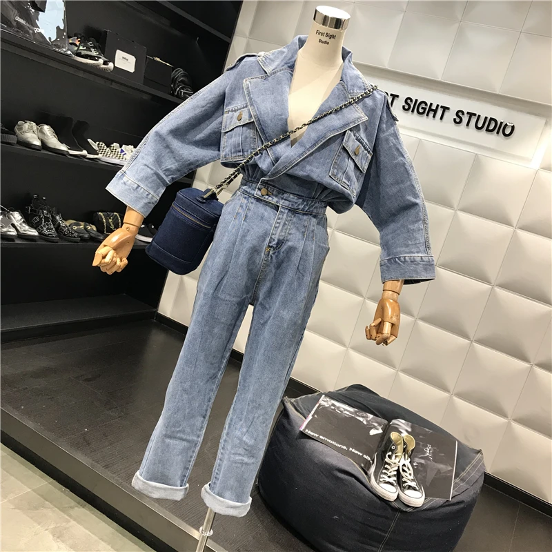 Осенний женский комбинезон с длинными рукавами потертый джинсовый свободный